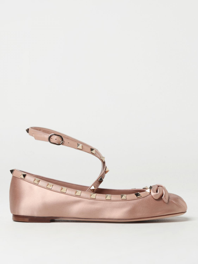 Shop Valentino Rockstud Ballet Flat In Satin With Studs In Pink