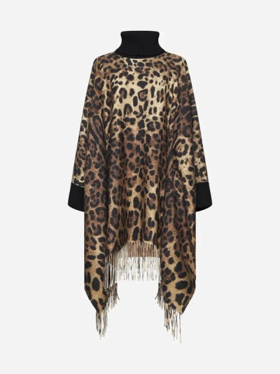 Shop Dolce & Gabbana Animalier Wool And Cashmere Poncho In Leo