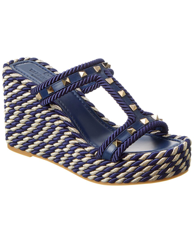 Shop Valentino Rockstud 90 Leather & Rope Wedge Sandal In Blue