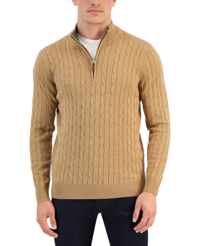 Shop Club Room Men's Cable Knit Quarter-zip Cotton Sweater, Created For Macy's In Moca