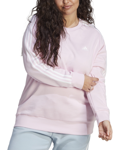 Shop Adidas Originals Adidas Plus Size 3-stripes Crewneck Fleece Sweatshirt In Clear Pink/white