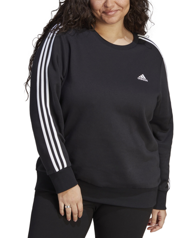 Shop Adidas Originals Adidas Plus Size 3-stripes Crewneck Fleece Sweatshirt In Black/white