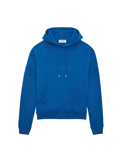 Shop Saint Laurent Colour-block Logo Embroidery Hoodie In Blue