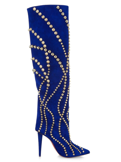 Shop Christian Louboutin Women's 100mm Astrilarge Suede Knee-high Boots In Blue