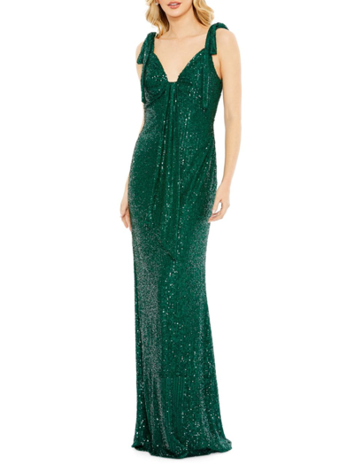 Shop Mac Duggal Women's Sequined Bow-shoulder Column Gown In Emerald