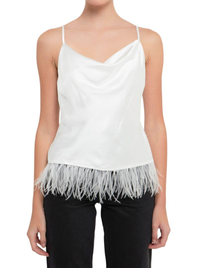Shop Endless Rose Women's Satin Cowl Neck Top With Feather In White