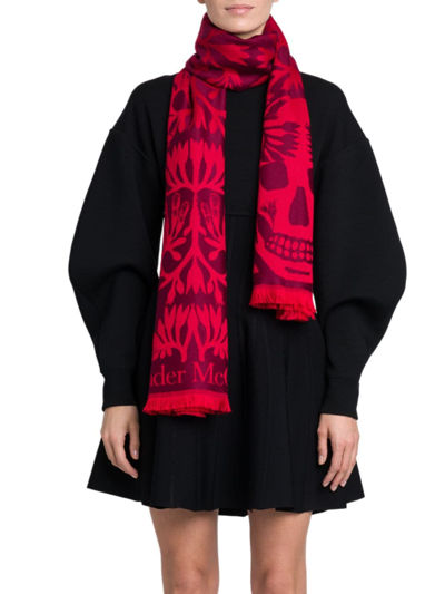 Shop Alexander Mcqueen Women's Spinal Comfry Wool Jacquard Scarf In Dark Red