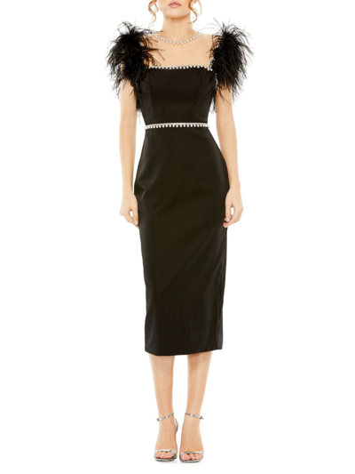 Shop Mac Duggal Women's Feather & Pearl-embellished Midi-dress In Black