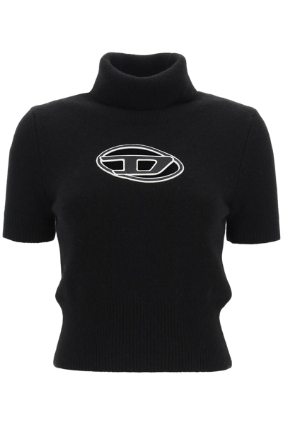 Shop Diesel Short-sleeved Turtleneck Sweater With Cut-out Logo In Deep Black (black)