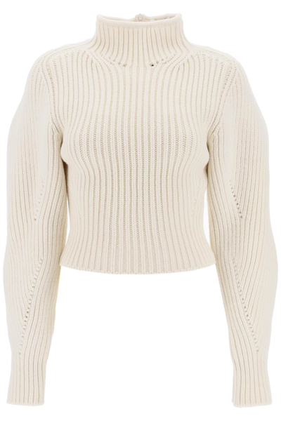 Shop Alaïa Alaia Ribbed Sweater With Curved Sleeves In White