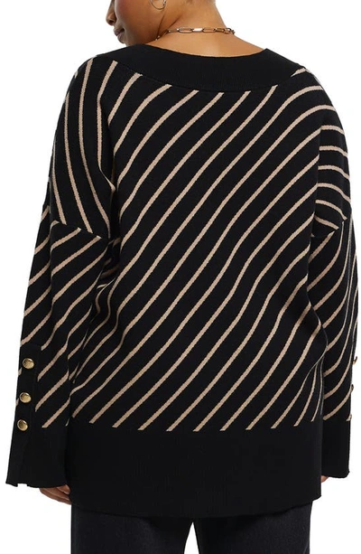 Shop River Island Stripe Button Cuff V-neck Sweater In Black