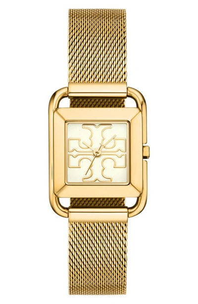 Shop Tory Burch The Miller Square Mesh Strap Watch, 24mm In Ivory/ Gold/ Gold Mesh