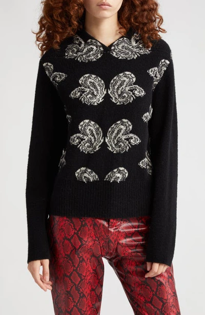 Shop Puppets And Puppets Lena Paisley Jacquard V-neck Wool Blend Sweater In Black/ White