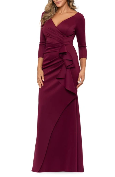 Shop Xscape Ruched Scuba Ruffle Gown In Wine