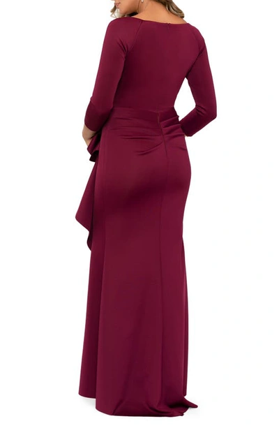 Shop Xscape Ruched Scuba Ruffle Gown In Wine