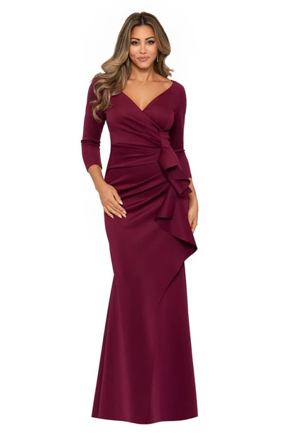 Shop Xscape Ruched Scuba Ruffle Gown In Wine