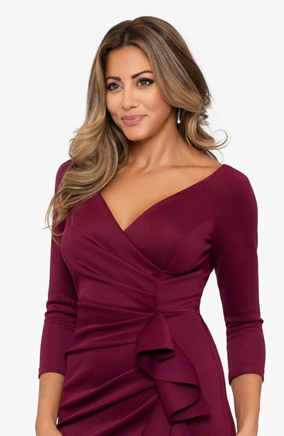 Shop Xscape Ruched Scuba Ruffle Gown In Wine