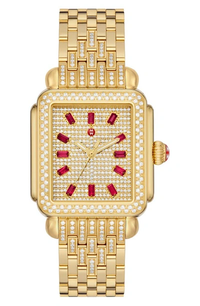 Shop Michele Deco Diamond & Ruby Bracelet Watch, 33mm In Gold