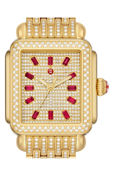 Shop Michele Deco Diamond & Ruby Bracelet Watch, 33mm In Gold