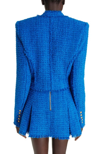 Shop Balmain Collarless Crop Tweed Jacket In 6kh Cobalt