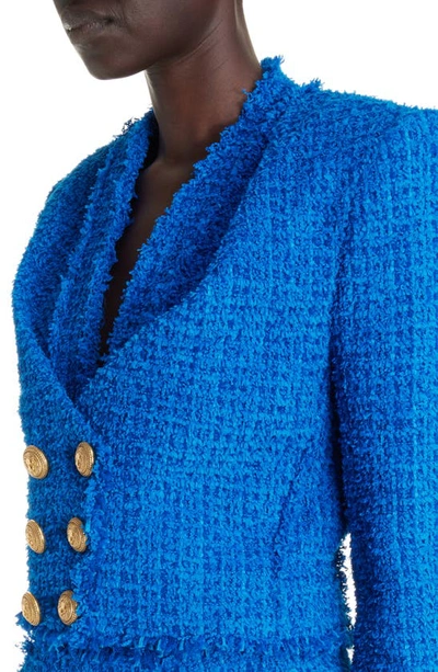 Shop Balmain Collarless Crop Tweed Jacket In 6kh Cobalt
