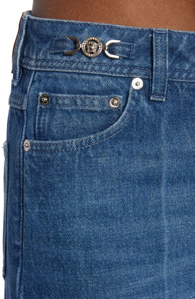 Shop Versace Buckle Detail Nonstretch Straight Leg Jeans In Medium Blue