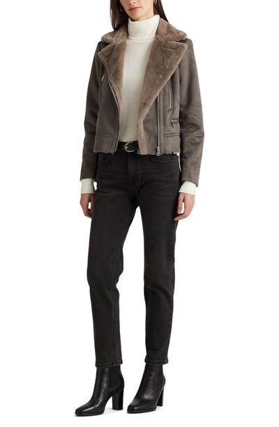 Shop Lauren Ralph Lauren Buckle Detail Faux Shearling Moto Jacket In Grey