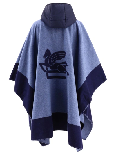 Shop Etro Hooded Cape With Logo In Blue