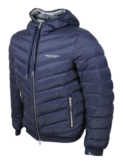 Shop Armani Collezioni Light Down Jacket In Real Goose Down With Integrated Hood And Logoed Elastic At The Bottom In Blu