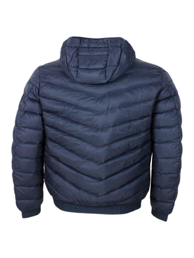 Shop Armani Collezioni Light Down Jacket In Real Goose Down With Integrated Hood And Logoed Elastic At The Bottom In Blu