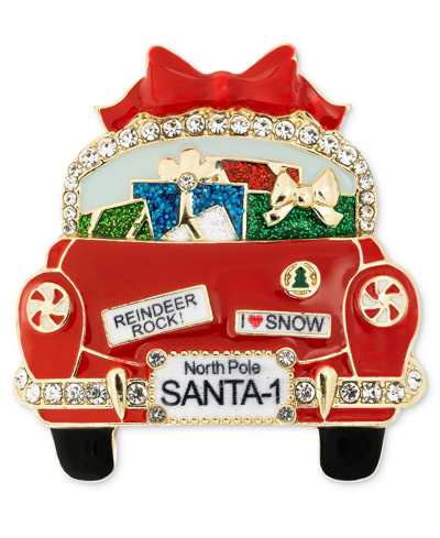Holiday Lane Gold-tone Crystal & Glitter Gift Car Pin, Created For Macy's In Multi