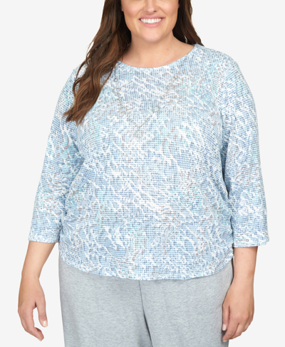 Shop Alfred Dunner Plus Size Comfort Zone Animal Print Ruched Hem Top With Necklace In Wedgewood