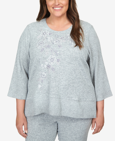 Shop Alfred Dunner Plus Size Comfort Zone Flower Embroidery Split Hem Top In Gray