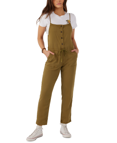 Shop O'neill Juniors' Francina Button-front Straight-leg Overalls In Olive