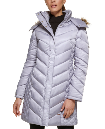 Shop Kenneth Cole Women's Faux-fur-trim Hooded Puffer Coat In Light Gray