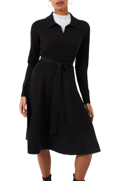 Shop French Connection Judith Tie Waist Long Sleeve A-line Dress In Black