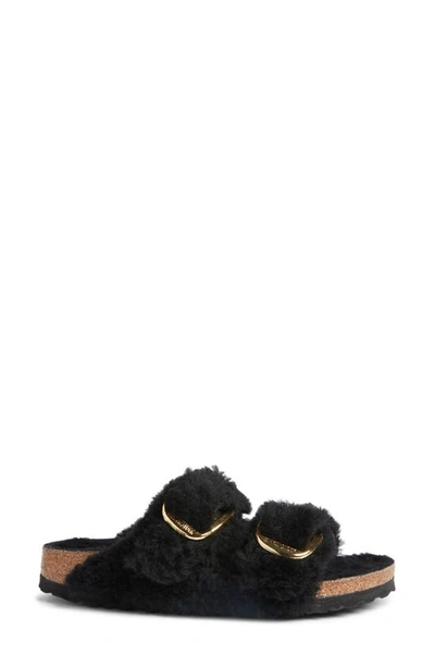 Shop Birkenstock Arizona Big Buckle Genuine Shearling Slide Sandal In Black/ Gold