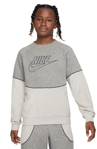 Shop Nike Kids' Sportswear Fleece Logo Sweatshirt In Grey Heather/ Bone/ Black