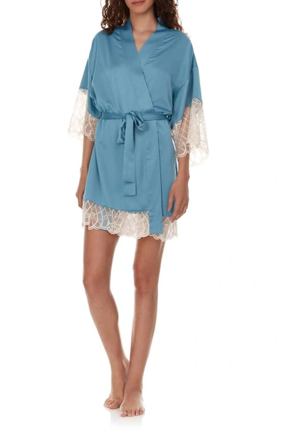 Shop Flora Nikrooz Gabby Lace Trim Satin Chermeuse Wrap In Teal