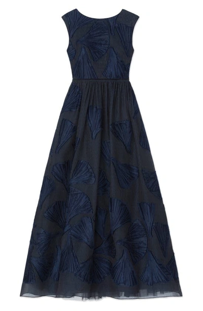 Shop Lafayette 148 Fan Jacquard Cotton & Silk Blend Gown In Midnight Blue