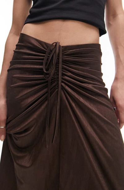 Shop Topshop Drawstring Ruched High-low Jersey Skirt In Brown