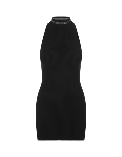Shop Gcds Black Knit Mini Dress With Rhinestones In Nero