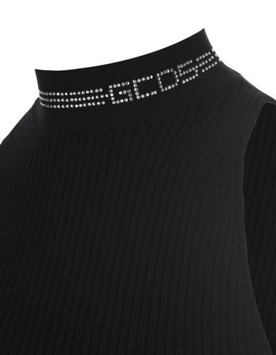 Shop Gcds Black Knit Mini Dress With Rhinestones In Nero