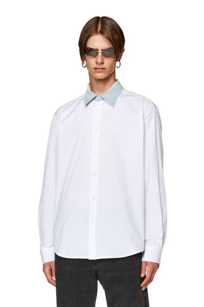 Shop Diesel Cotton Shirt With Denim Collar In Bianco