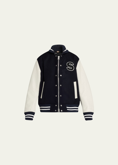 Shop Sacai Men's Interstellar Varsity Jacket In Navyoff White