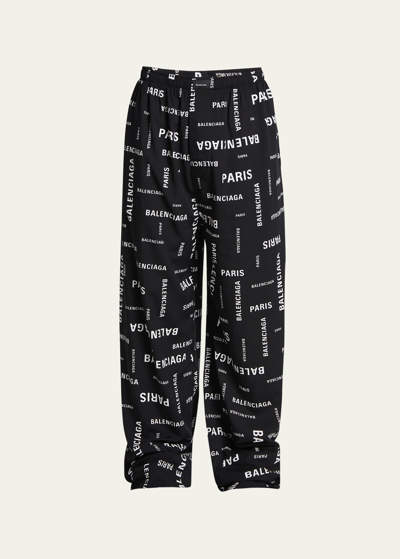 Shop Balenciaga Men's Allover-logo Pajama Pants In Noir/ecru