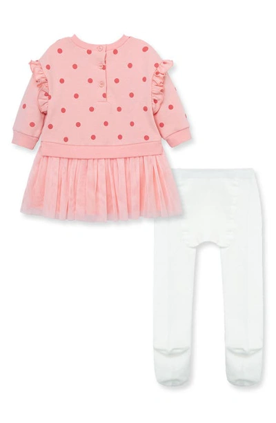 Shop Little Me Polka Dot Ruffle Long Sleeve Dress & Tights Set In Pink