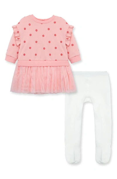 Shop Little Me Polka Dot Ruffle Long Sleeve Dress & Tights Set In Pink
