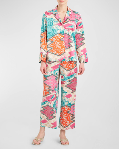 Shop Natori Orient Express Cropped Floral-print Pajama Set In Teal Combo