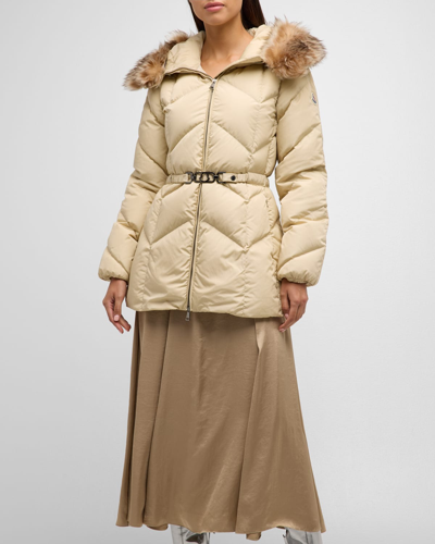 Shop Moncler Loriot Belted Puffer Jacket With Removable Faux Fur Ruff In Beige